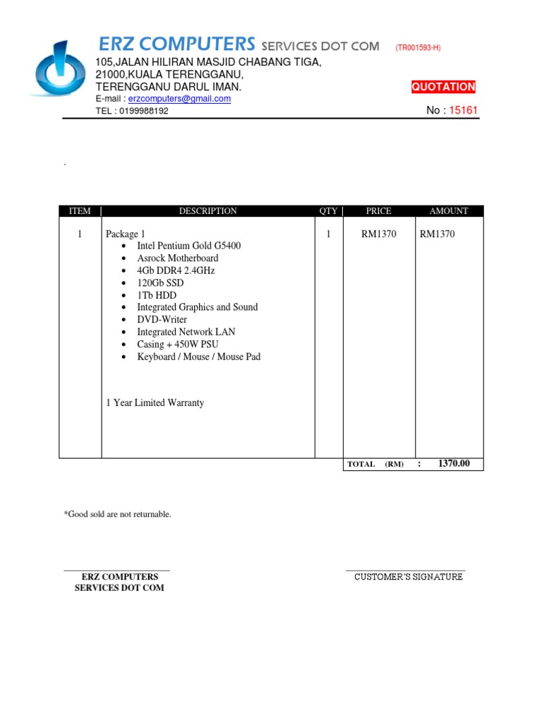 ERZ Computers Quotation for PC Package | PDF