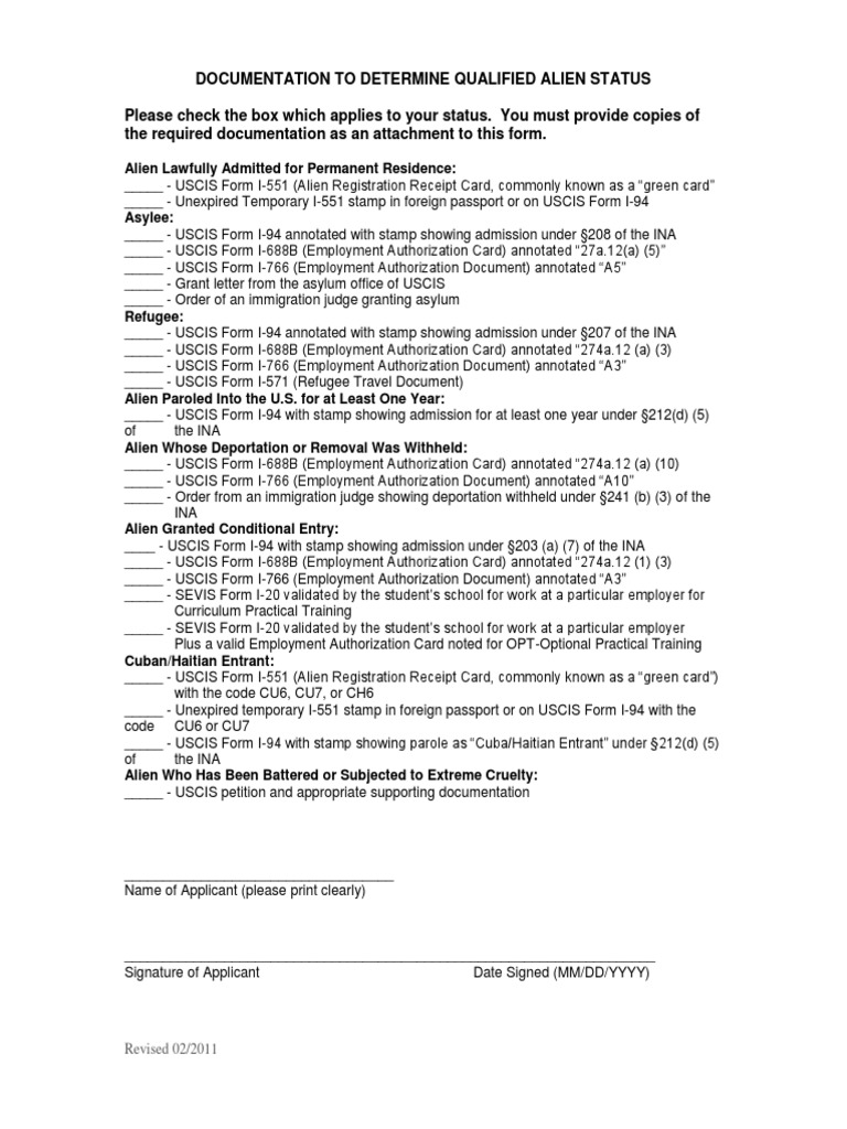 Documentation for Qualified Alien Status | PDF | Immigration To The ...