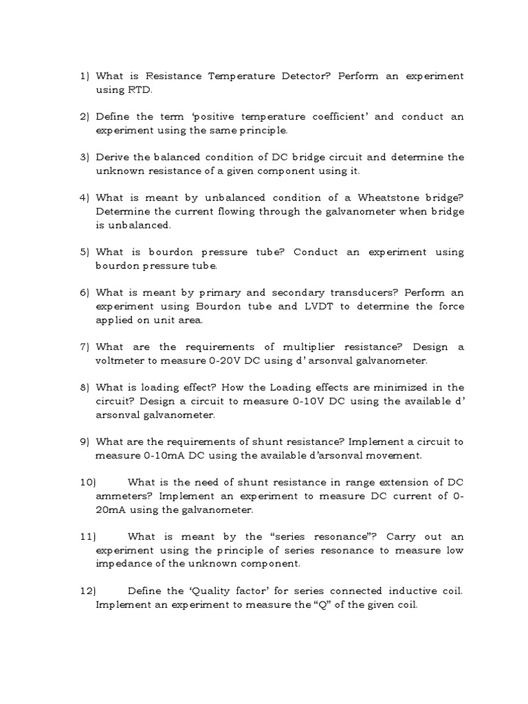 Sensors and Transducers Lab Sample Questions | PDF | Electrical ...