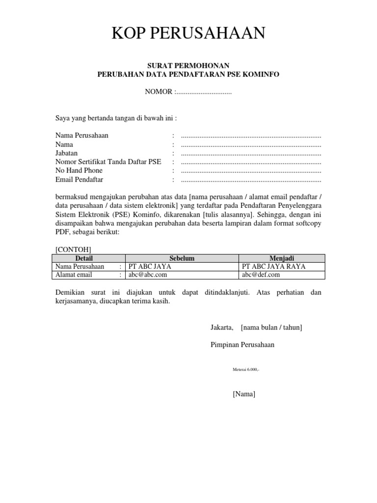 Form Surat Permohonan Perubahan Data