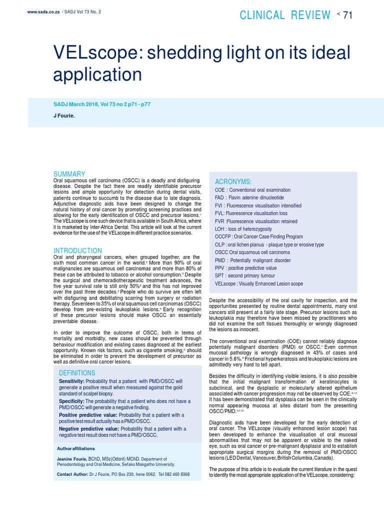 VELscope: Optimizing Oral Cancer Detection | PDF | Screening (Medicine ...