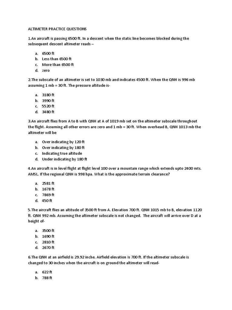 Altimeter Practice Question1 PDF Atmospheric Pressure Altimeter
