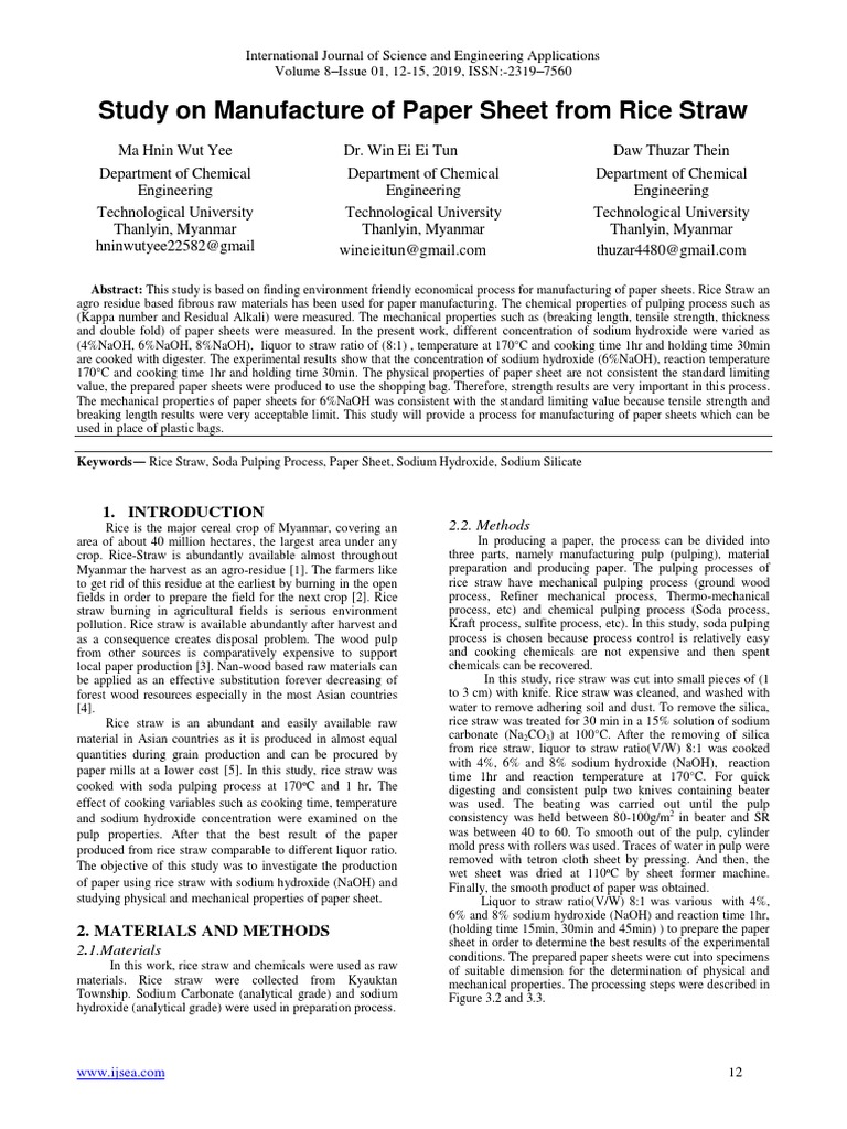 Paper Production from Rice Straw | PDF | Sodium Hydroxide | Pulp (Paper)