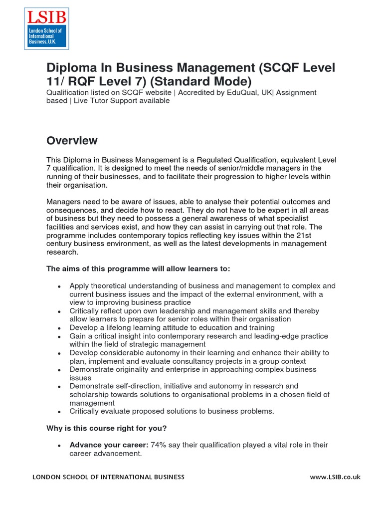 Diploma In Business Management (SCQF Level 11/ RQF Level 7) (Standard ...