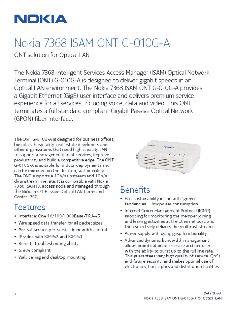 Nokia 7368 ISAM ONT G010GA For Optical LAN Data Sheet en PDF