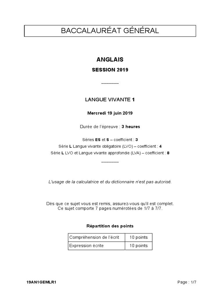 Sujet Bac Pro Anglais Bac 2019 sujets Anglais ES | Canada
