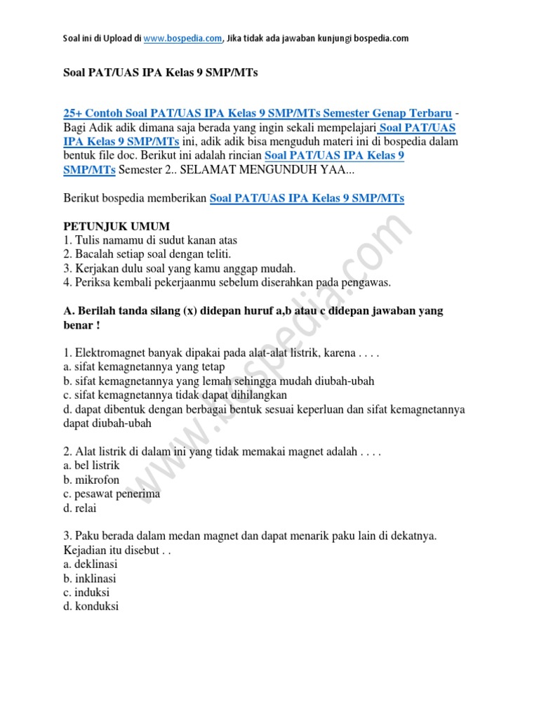 25 Contoh Soal Pat Uas Ipa Kelas 9 Smp Mts Semester Genap