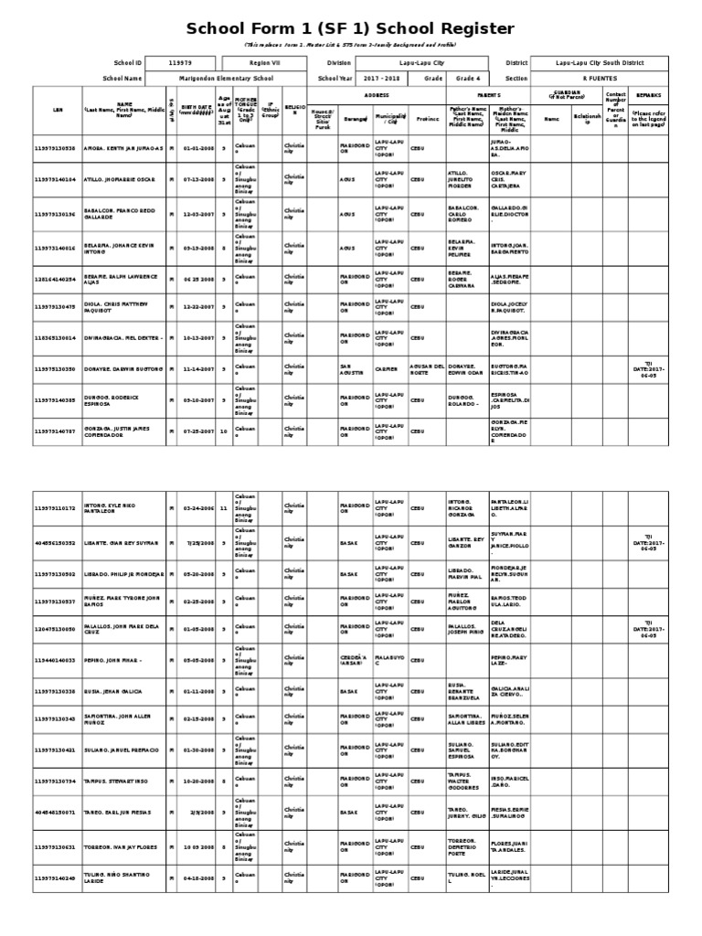 School Form 1 (SF 1) School Register | PDF