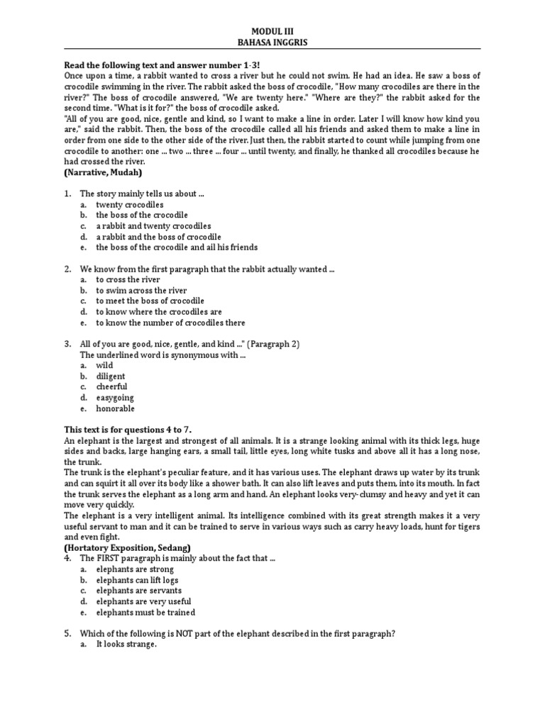 English Reading Comprehension Exercises | PDF | Elephant | University ...