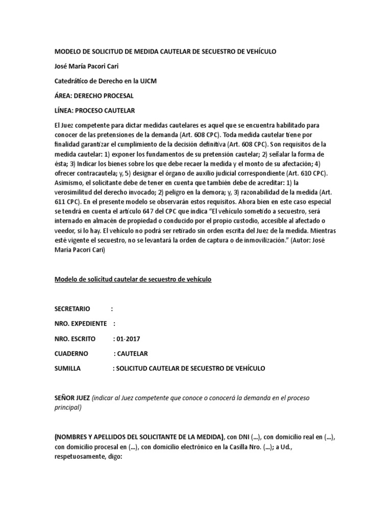 Modelo De Solicitud De Medida Cautelar De Secuestro De Vehiculo Pdf Mandato Ley Constitucional