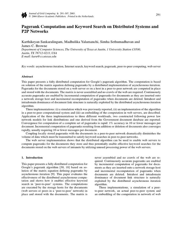Pagerank Computation and Keyword Search On Distributed Systems and P2P ...