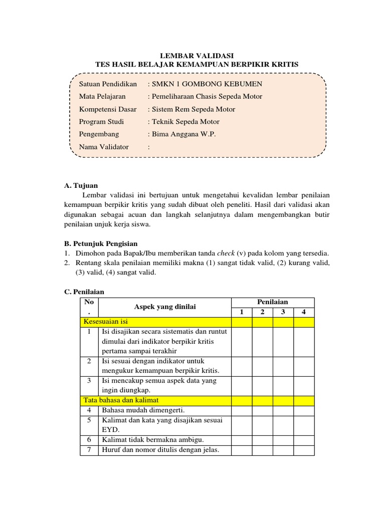 Lembar Validasi Tes Berpikir Kritis Docx