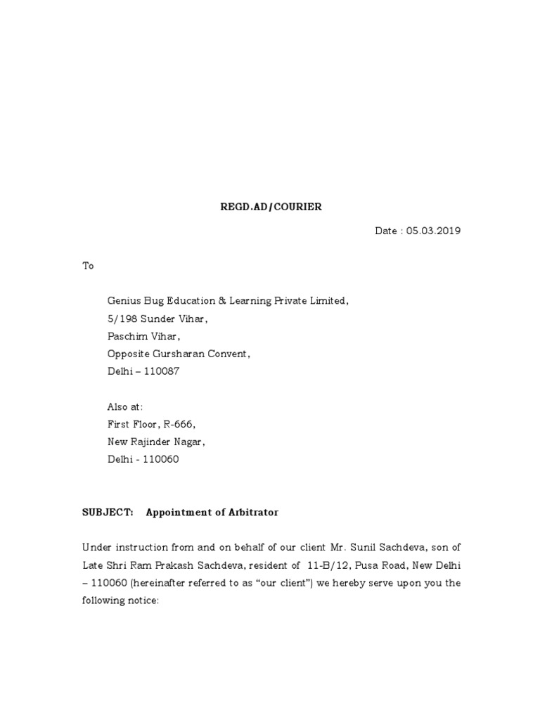 Appointment of Arbitrator Notice | PDF | Lease | Common Law