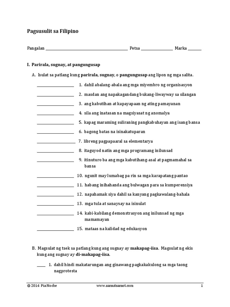 Unang Buwanang Pagsusulit Sa Filipino 62 | PDF
