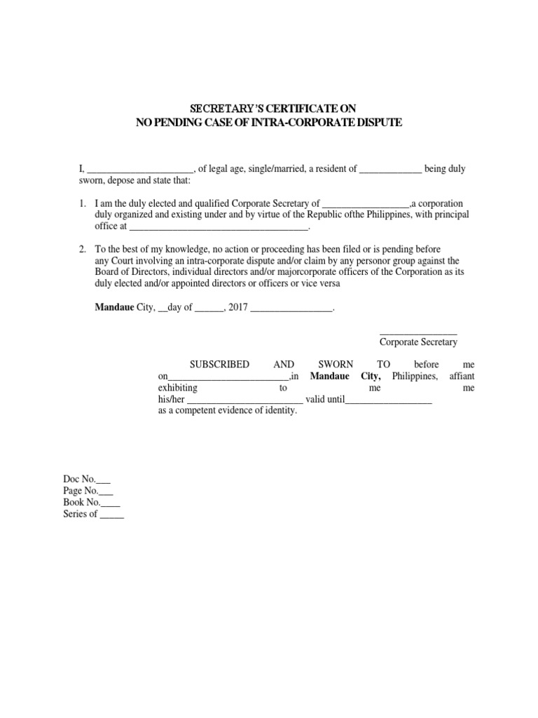 Certificate affirming no pending intra corporate disputes pdf