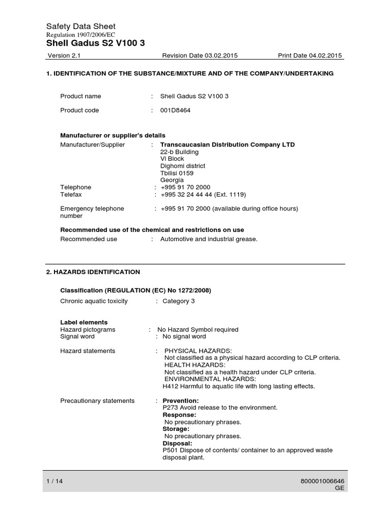 Shell Gadus S2 V100 3 MSDS Summary | PDF | Personal Protective ...