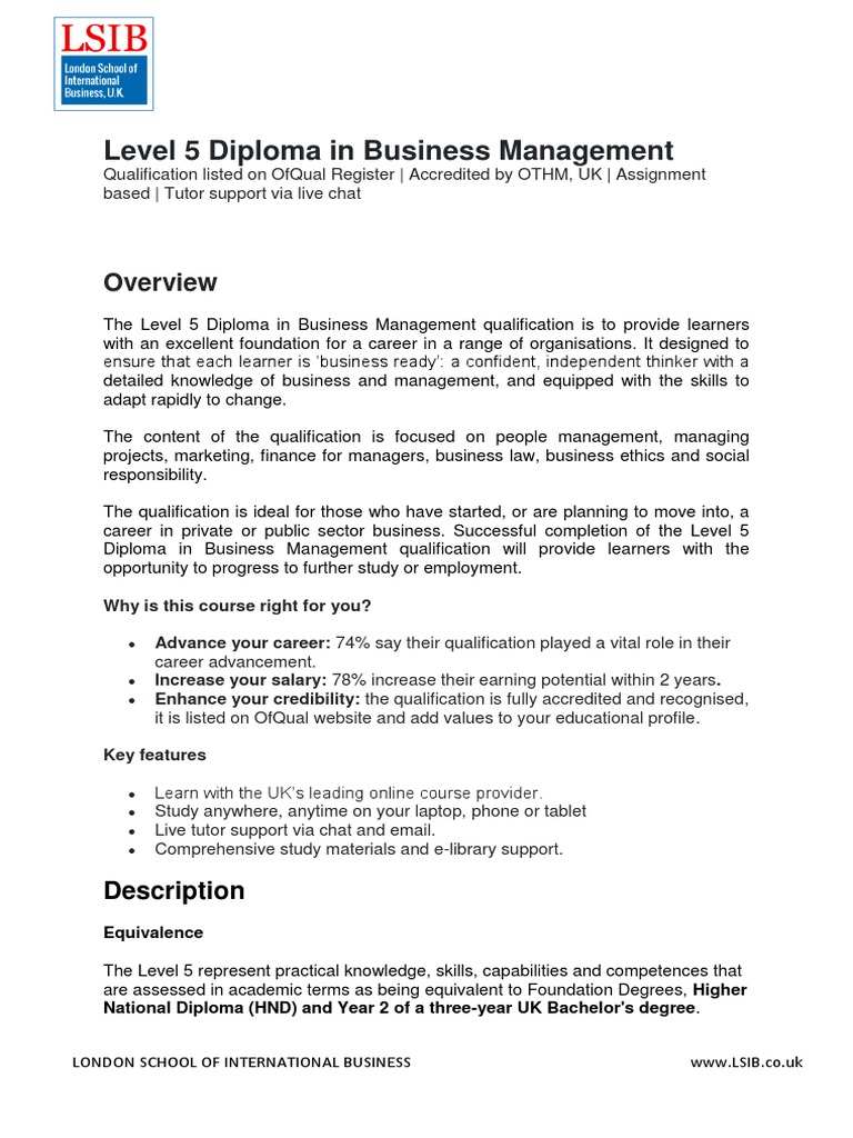 Level 5 Diploma in Business Management | PDF | Bachelor Of Arts ...
