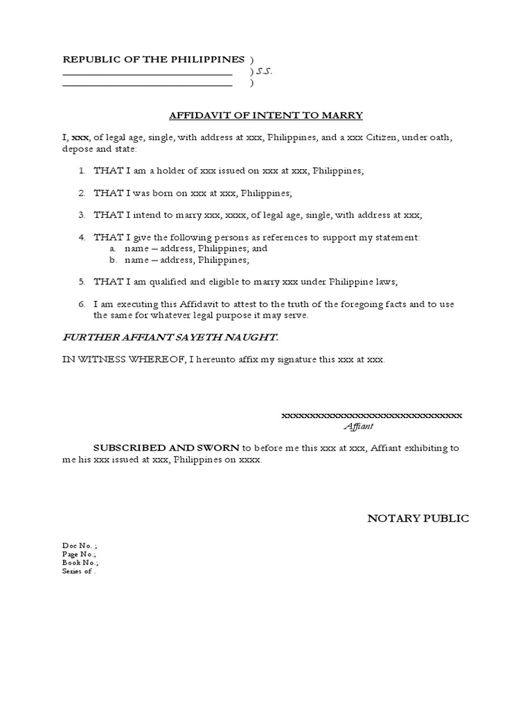 Affidavit of Intent To Marry PDF Affidavit Evidence