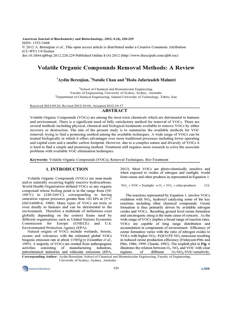 Volatile Organic Compounds Removal Methods A Review (2012) PDF