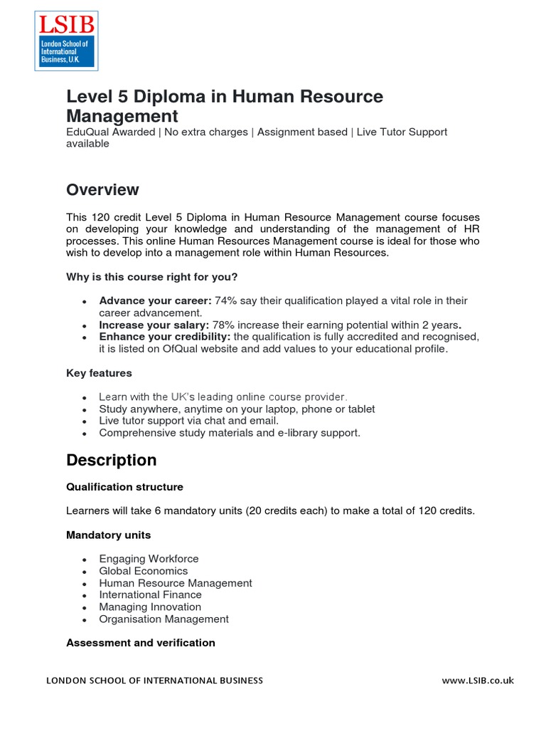 Level 5 Diploma in Human Resource Management | PDF | Diploma | Human ...