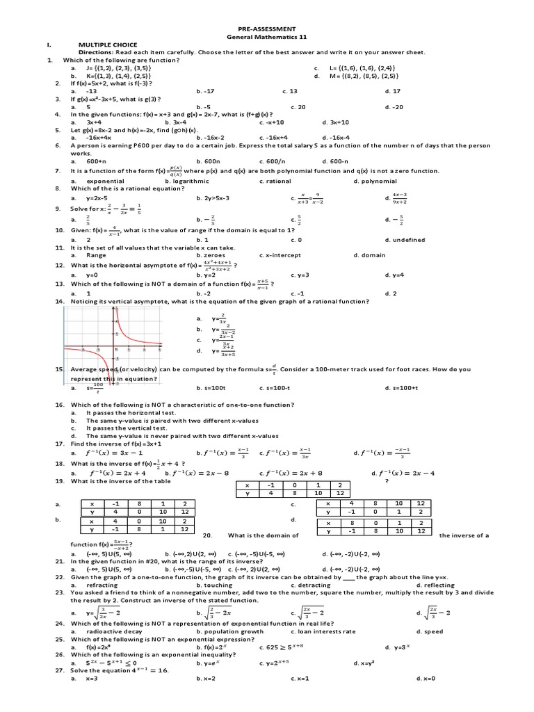 Gen Math Pre Test PDF Logarithm Exponential Function
