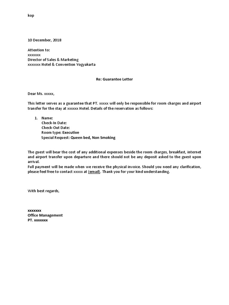 Contoh Guarantee Letter Untuk Booking Hotel Dunia Belajar - Riset