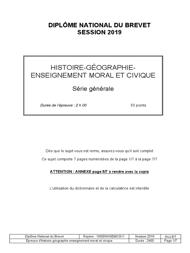 Brevet 2019 Histoire Géo Sujet Et Corrigé Pdf