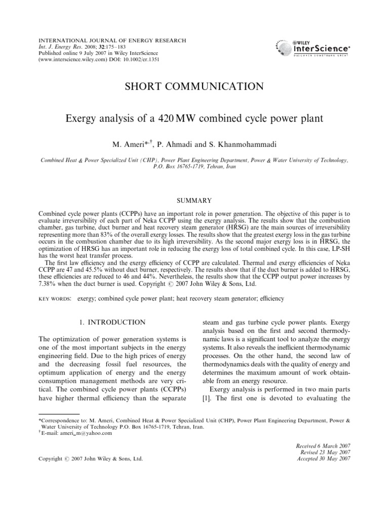 Exergy Analysis of A 420MW Combined Cycle Power Plant | PDF | Exergy ...