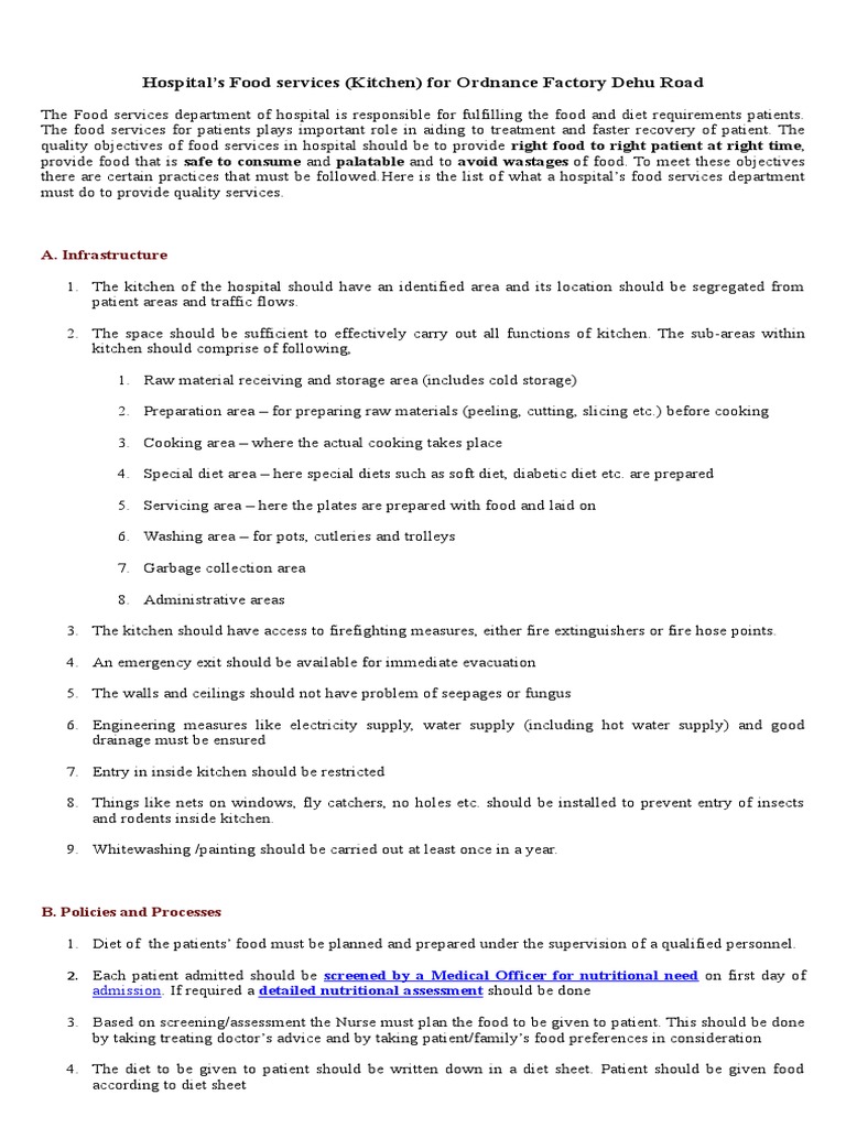 Hospital's Food Services (Kitchen) For Ordnance Factory Dehu Road | PDF