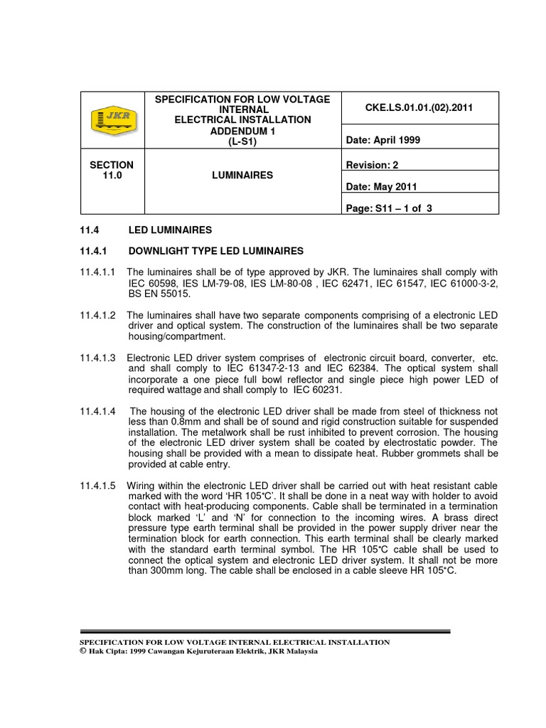 Specification For Low Voltage Internal Electrical Installation Addendum ...