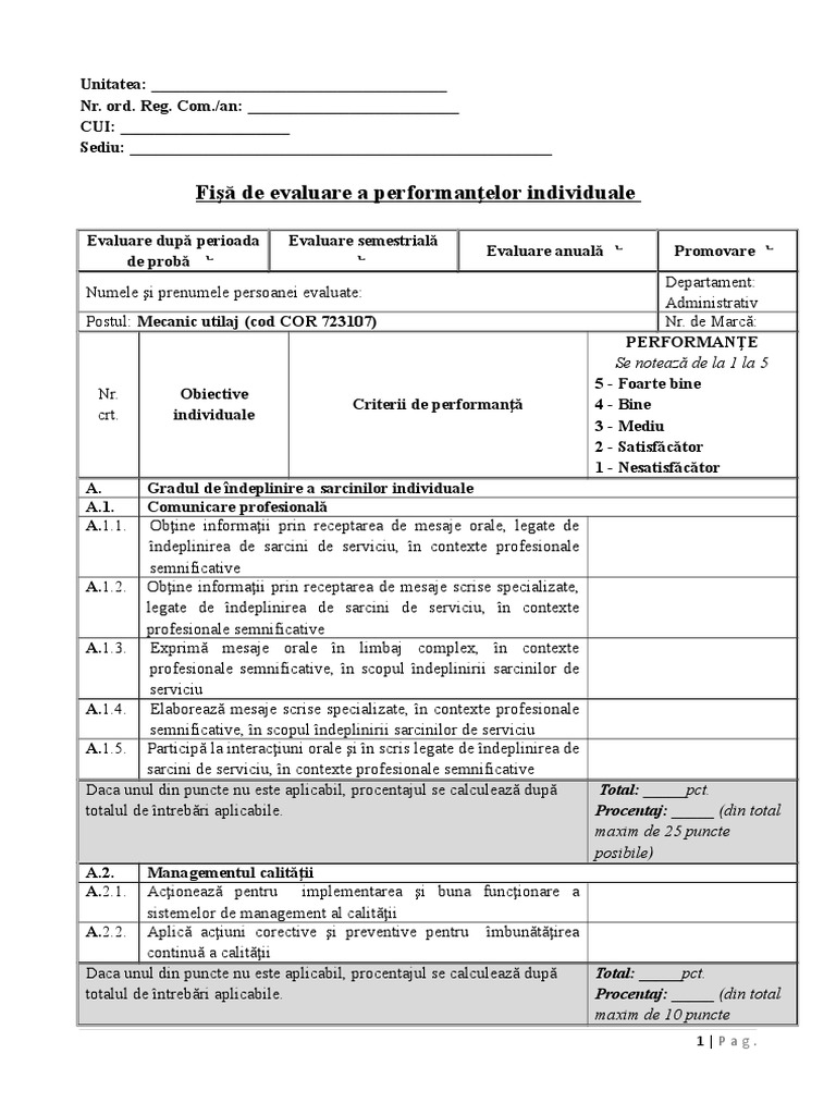 Fisa de Evaluare A Competentelor Mecanic Utilaj (Cod COR) | PDF
