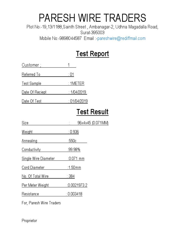 Test Report for a 1 Meter, 384 Wire, 0.071mm Diameter Copper Wire ...
