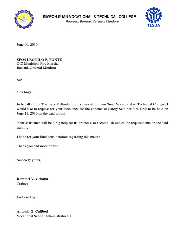 Fire Drill Letter of Intent PDF