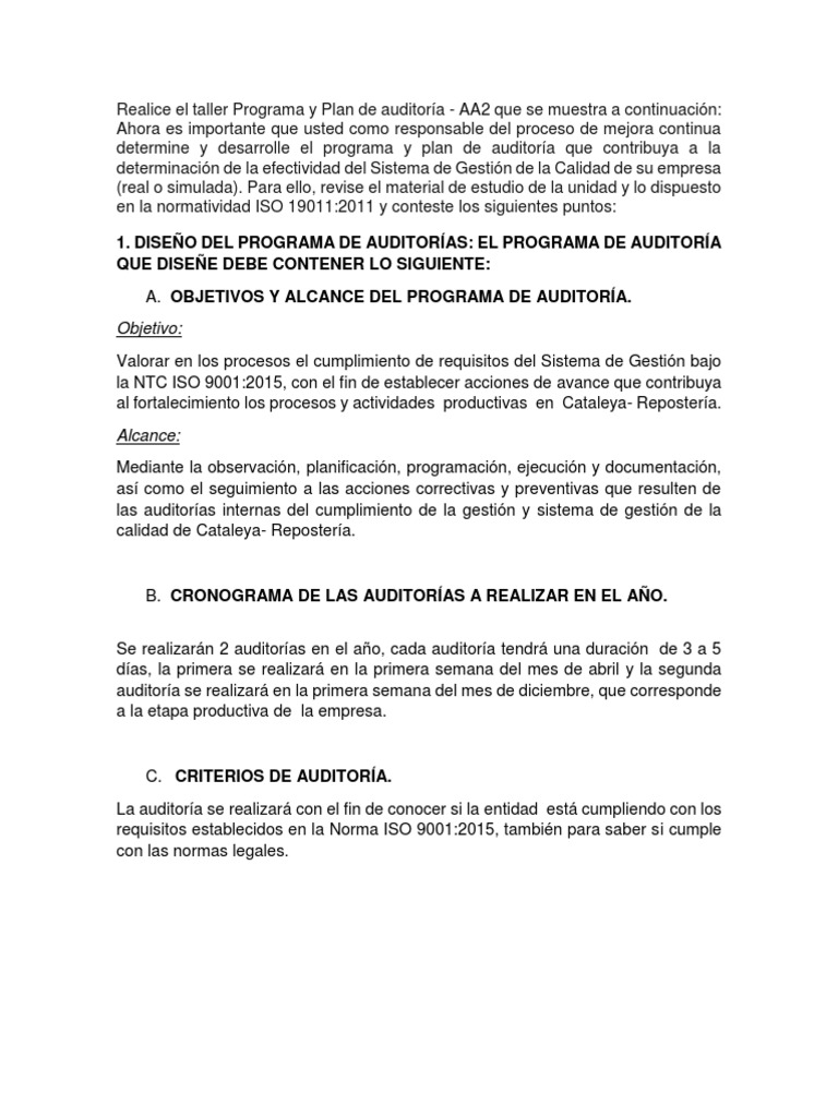 Programa y Plan de Auditoría ISO 9001 | PDF | Auditoría | Planificación