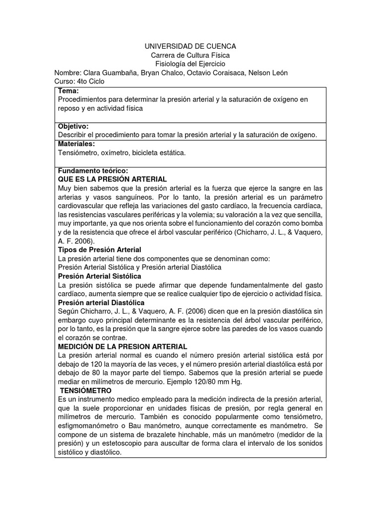 Informe Presión Arterial y Saturación de Oxígeno Presión sanguínea