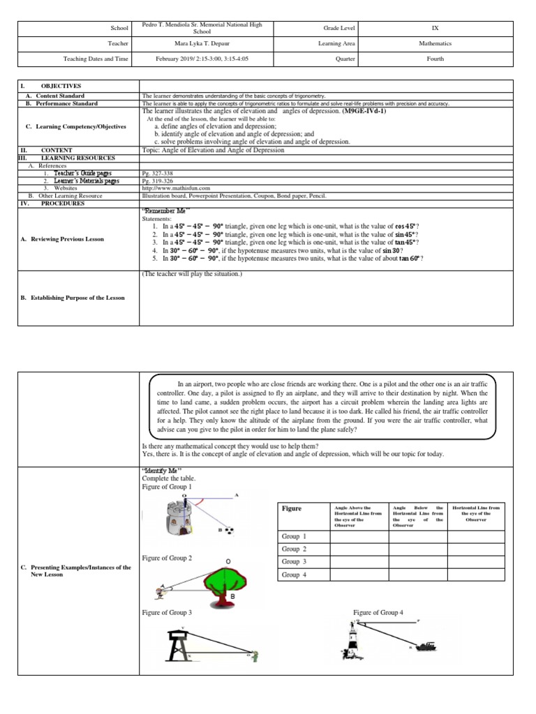 Lesson Plan: Angles of Elevation & Depression | PDF | Angle ...