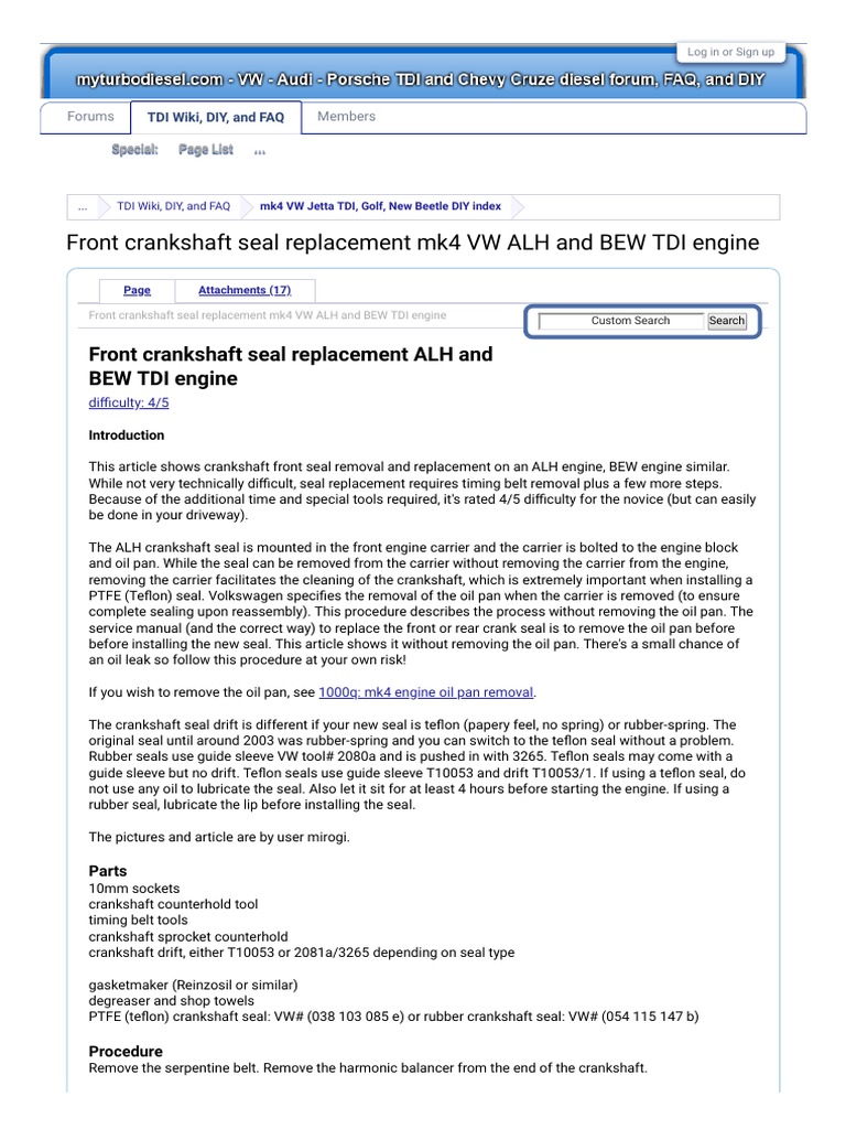 Front Crankshaft Seal Replacement Mk4 VW ALH and BEW TDI Engine VW