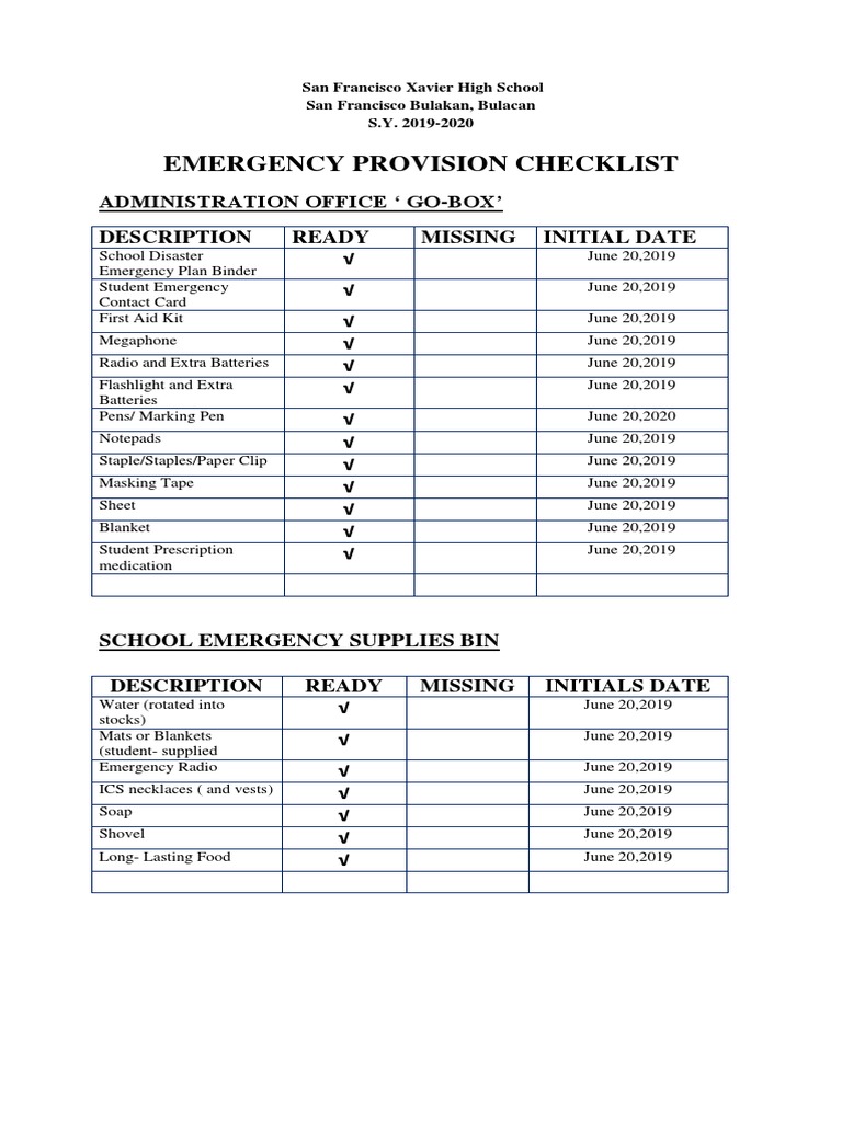 Emergency Provision Checklist | PDF | Emergency Management | Nature