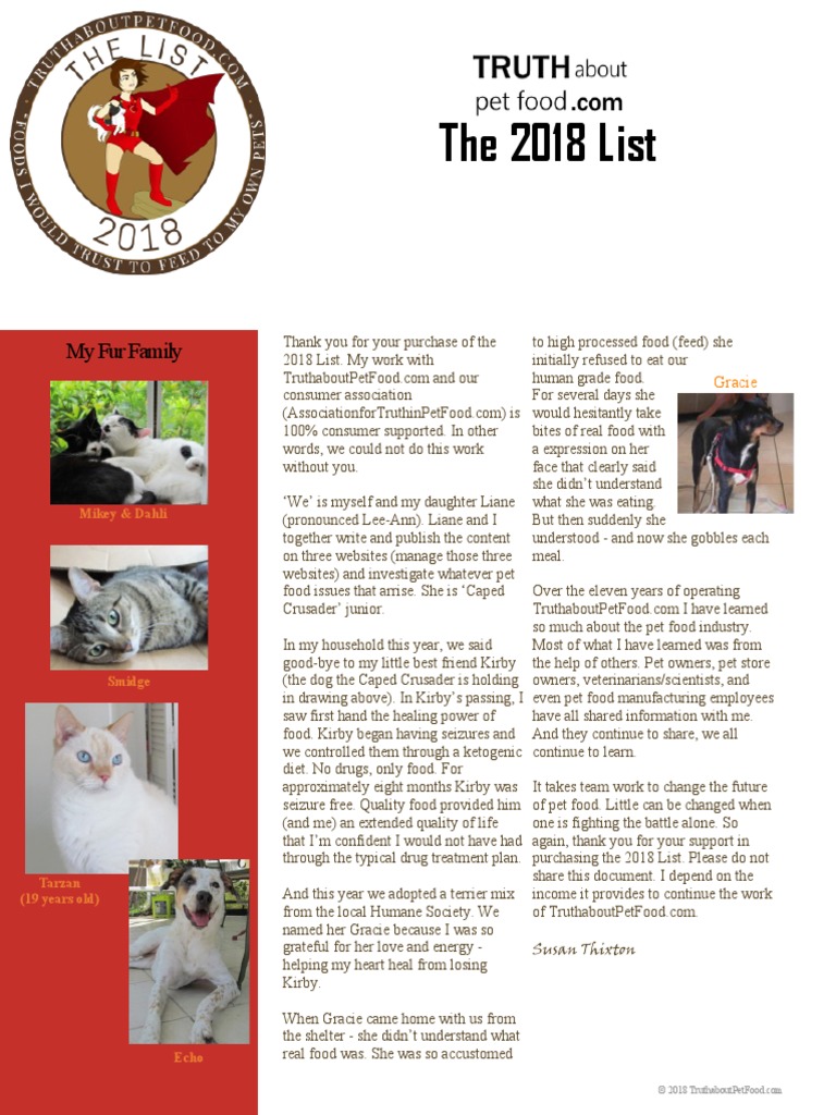 2018 truth about pet food list pdf foods dietary supplements