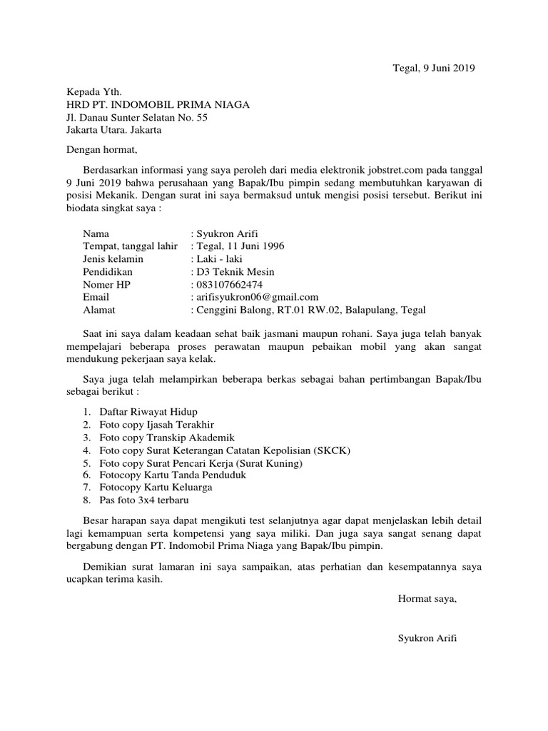 Contoh Surat Lamaran Kerja