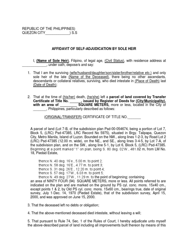 Affidavit of SelfAdjudication by Sole Heir PDF Civil Law