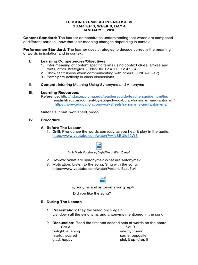 Synonyms and Antonyms Lesson Plan | PDF
