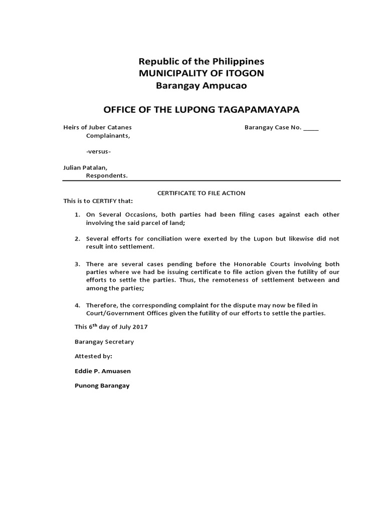 Republic of The Philippines Municipality of Itogon Barangay Ampucao ...