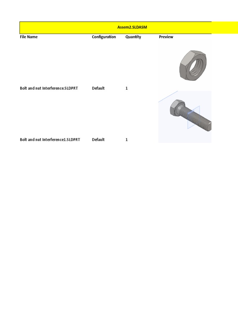 Assem2.SLDASM File Name Configuration Quantity Preview: Bolt and Nut ...