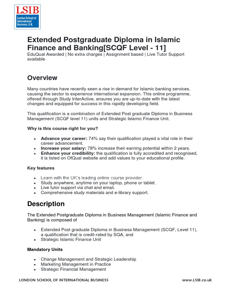 Extended Postgraduate Diploma in Islamic Finance and Banking (SCQF