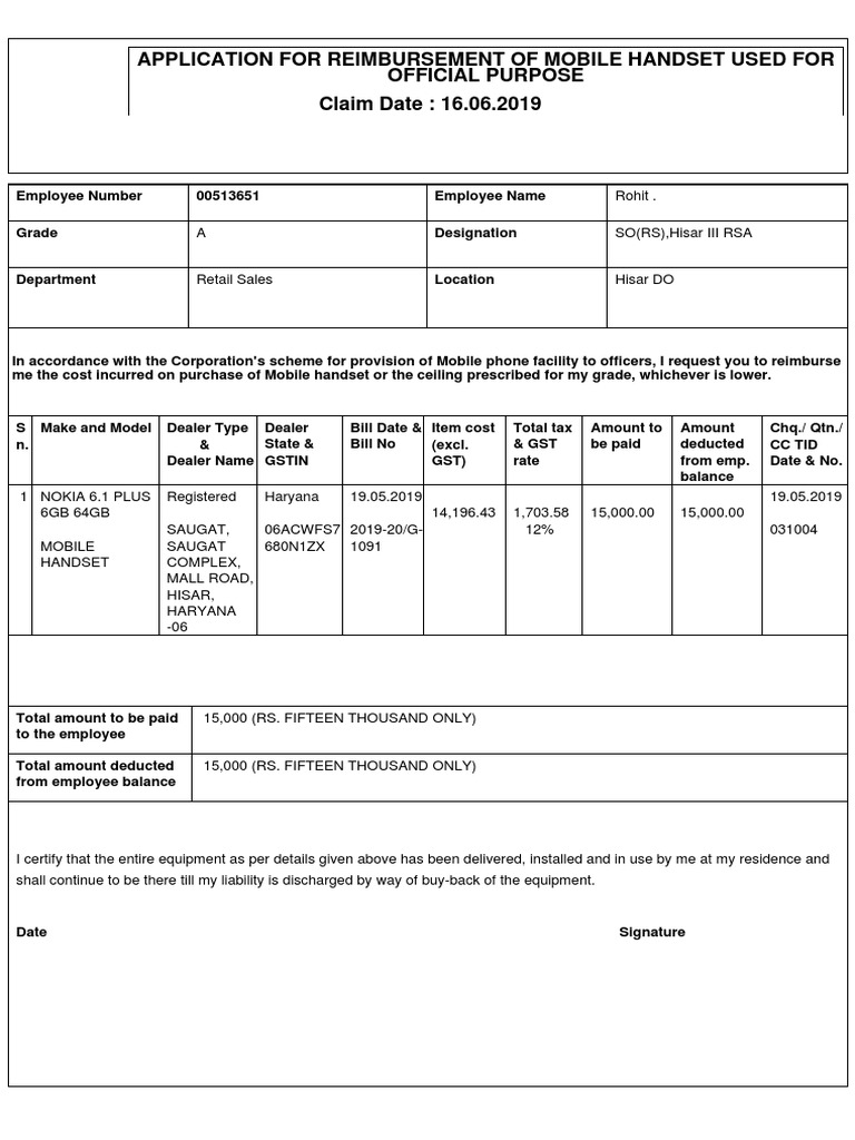 Application For Reimbursement of Mobile Handset Used For Official ...