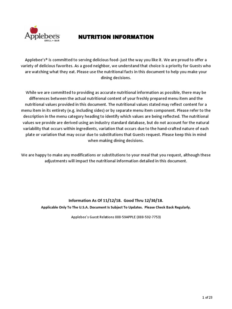 Applebees Nutrition Information 20181114 PDF Nutrition Diet 