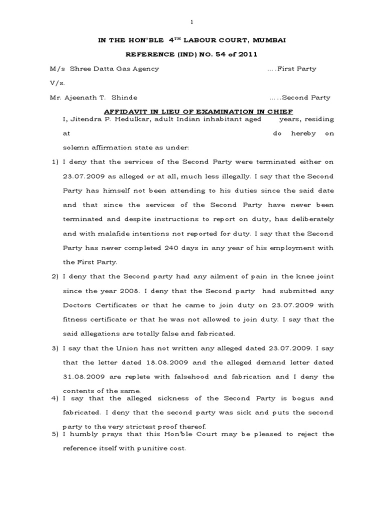 In The Hon'Ble 4 Labour Court, Mumbai REFERENCE (IND) NO. 54 of 2011