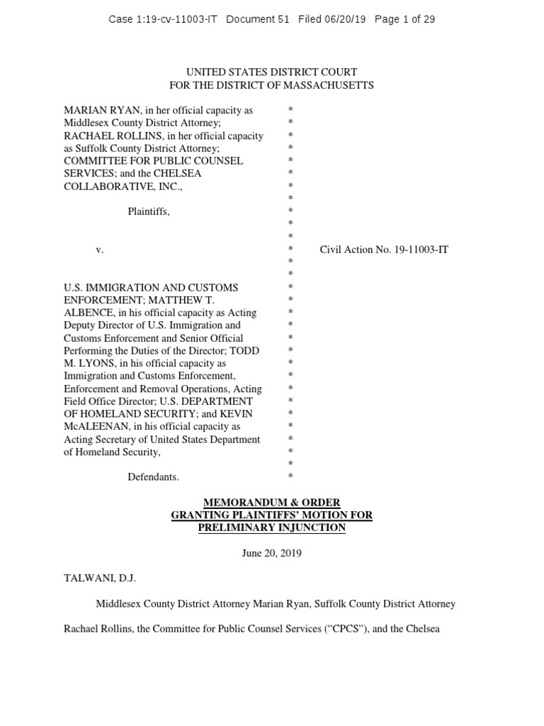 Memorandum: ICE Agents Banned From Mass Courts PDF Standing (Law