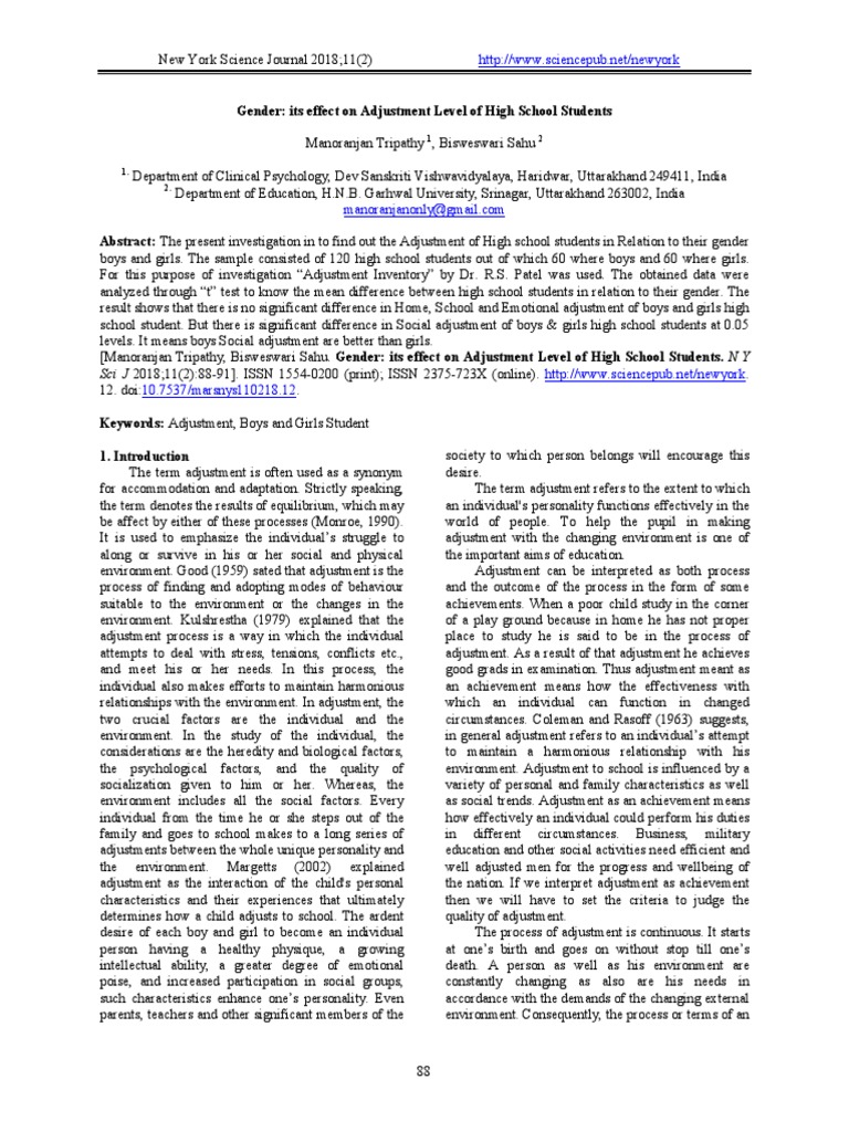 Gender: Its Effect On Adjustment Level of High School Students | PDF ...
